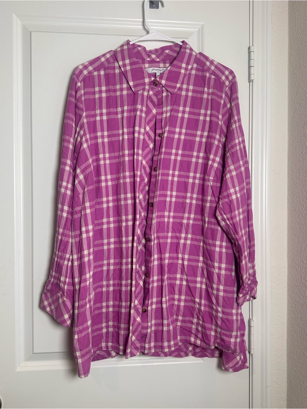 Foxcroft Pink and White Plaid Button-Down Shirt